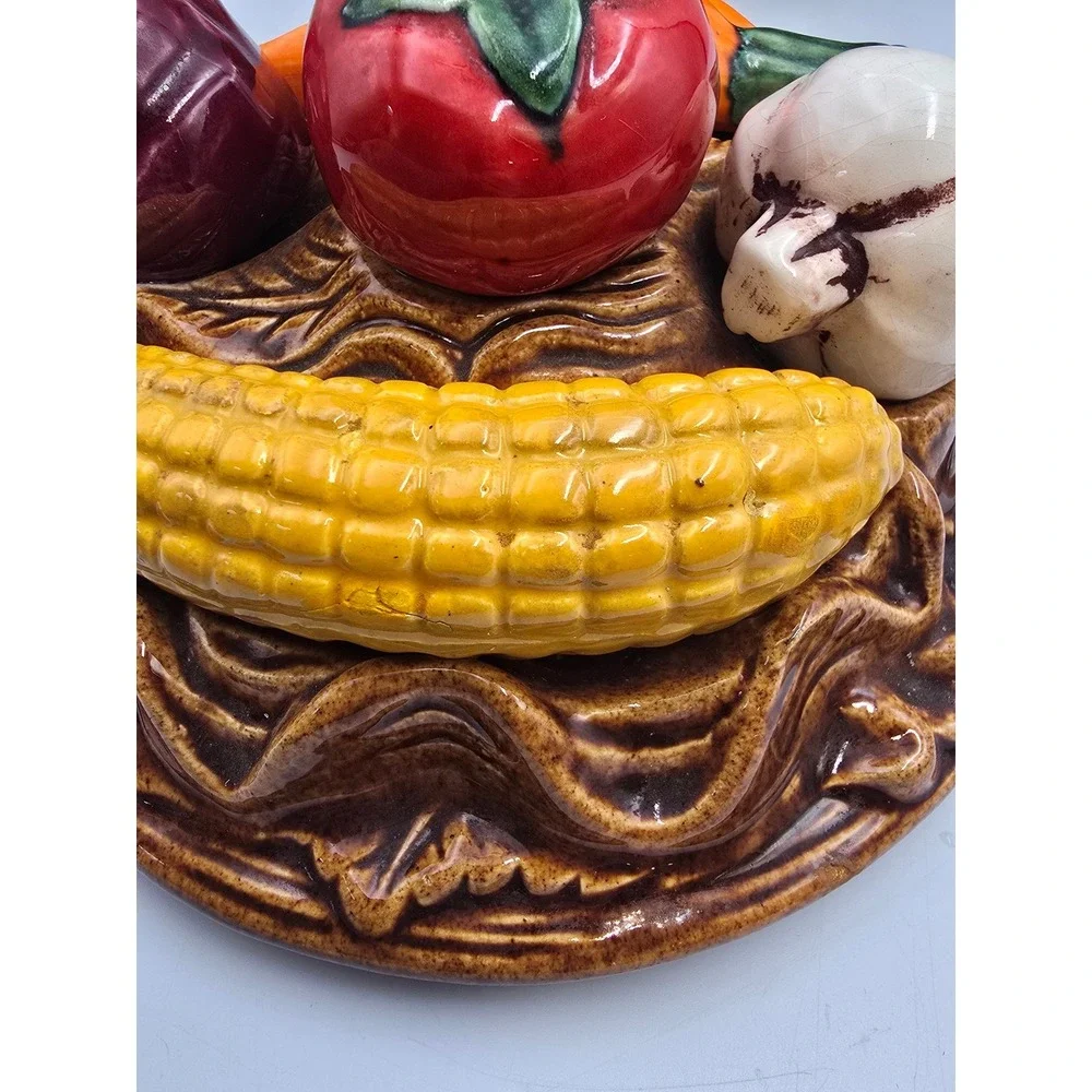 Vintage Vegetable Basket Cookie Jar Brown Ceramic Farmhouse Large Multicolor Exc